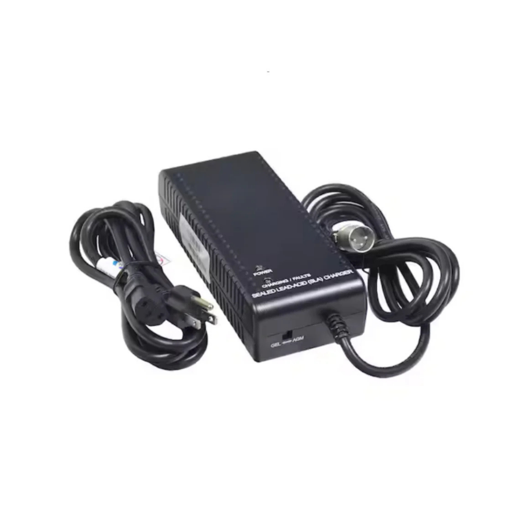 A black rectangular Golden Tech Charger for GB120 & GB220 Folding Travel Scooter with a coiled output cable and detachable AC power cord, both coiled, on a white background. Suitable for use as a lithium-ion battery charger.